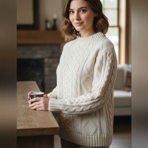 Vintage Thunderbird Cable Knit Crew Neck Women's White Everyday Sweater Size M-L